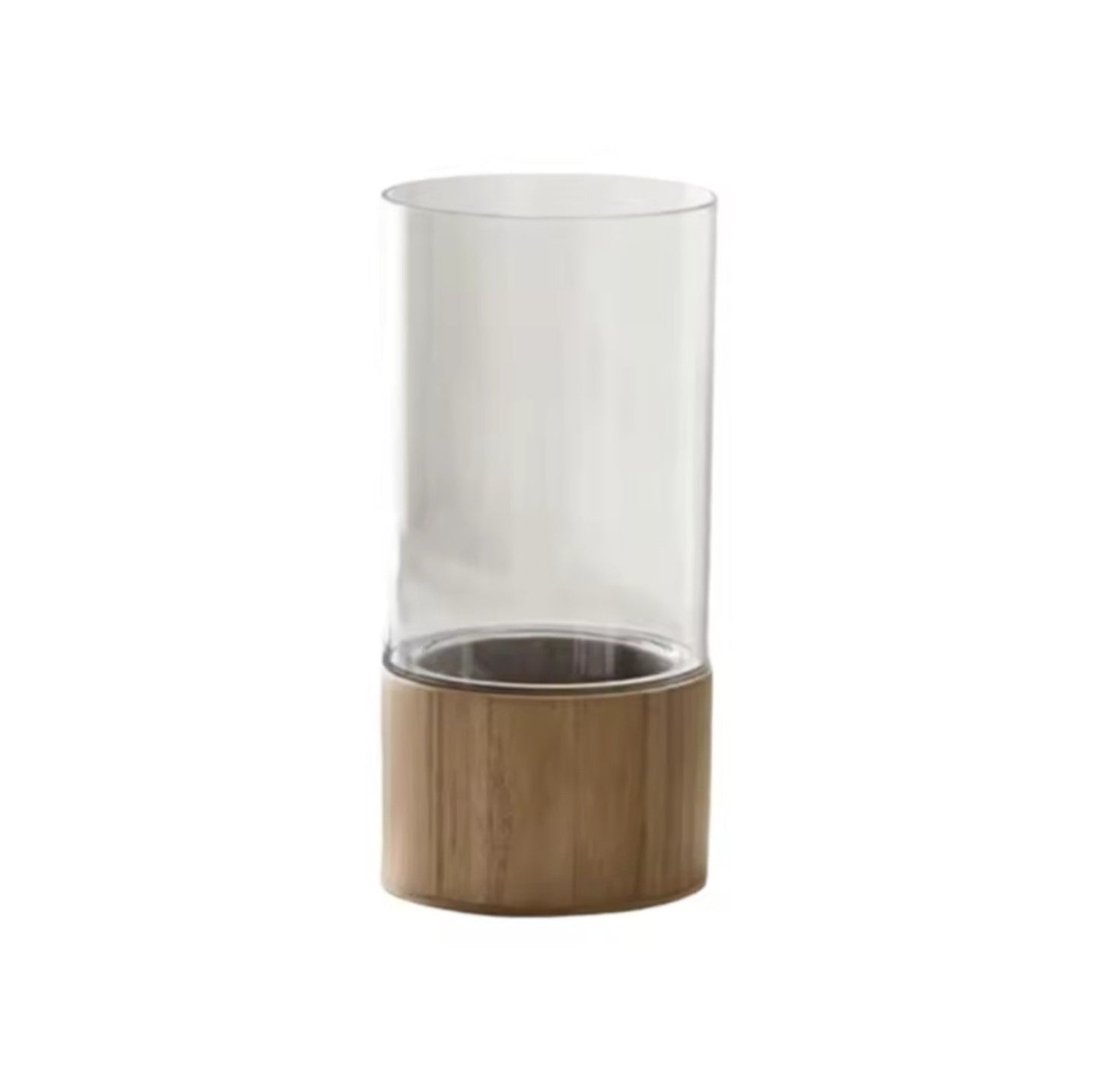 The Atelier Vase in clear acrylic with a light wood round base