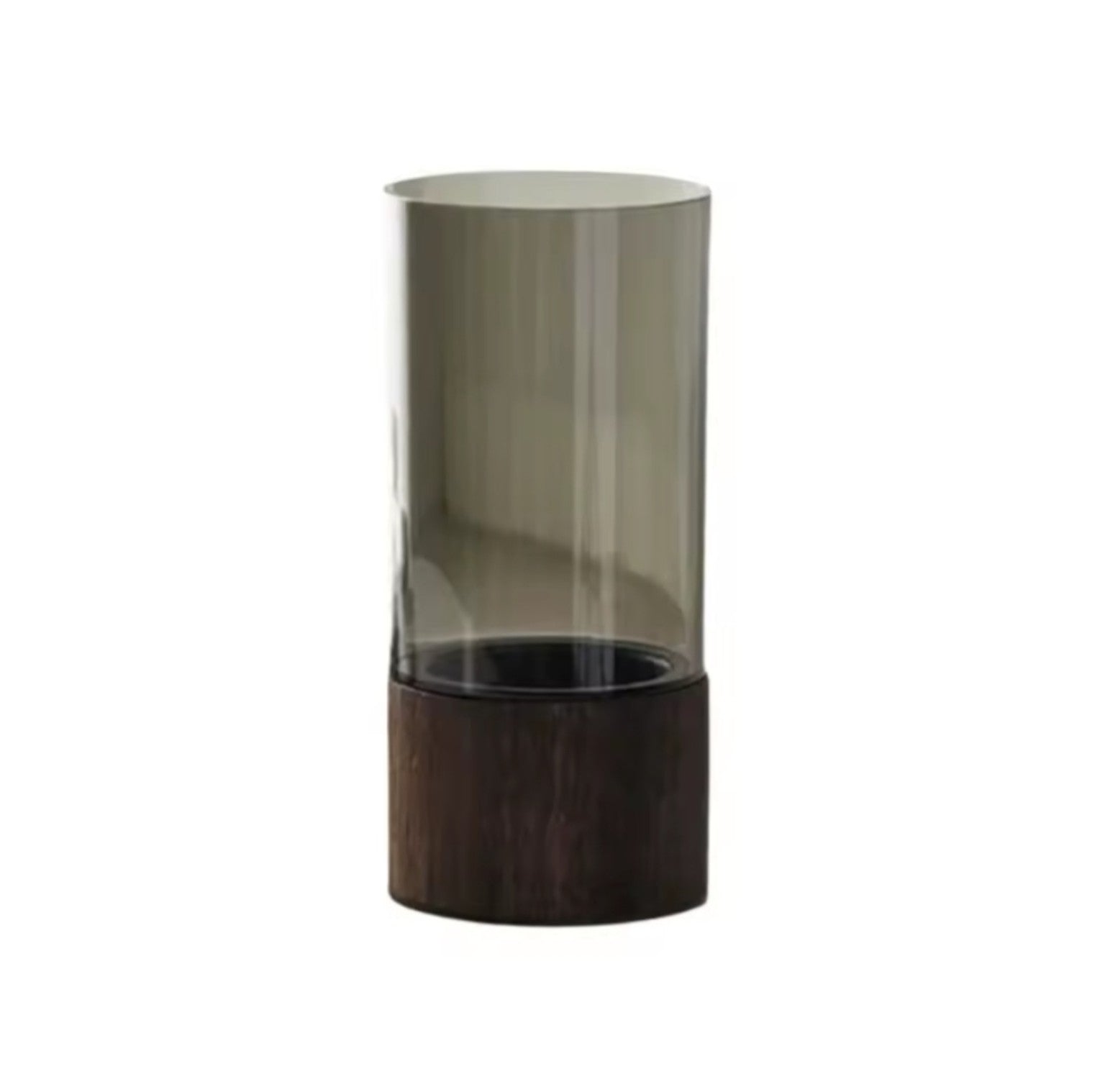The Atelier Vase in smoke-tinted acrylic with a dark wood round base
